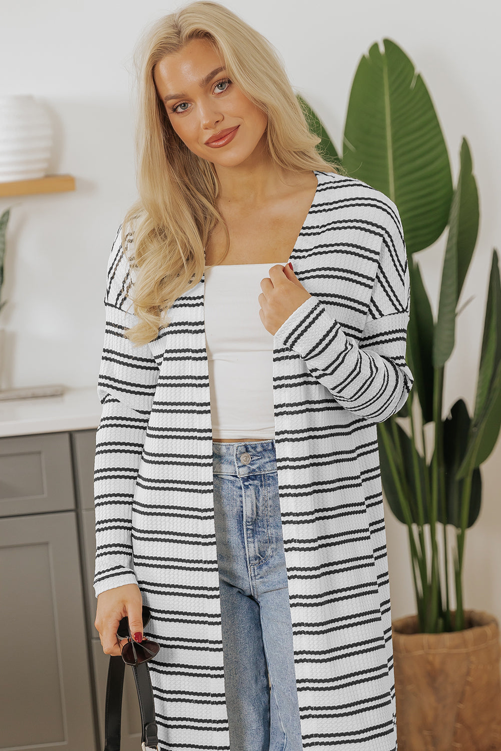 Stacey B's Black Stripe Print Open Front Duster Cardigan