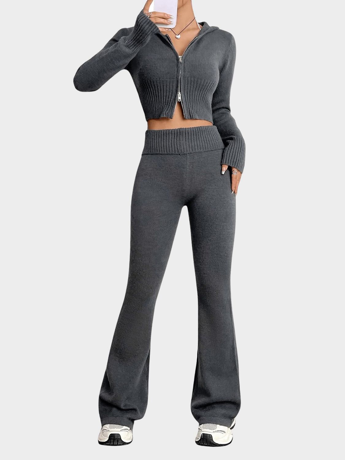 Stacey B's Zip Up Hooded Top and Flare Pants Sweater Set