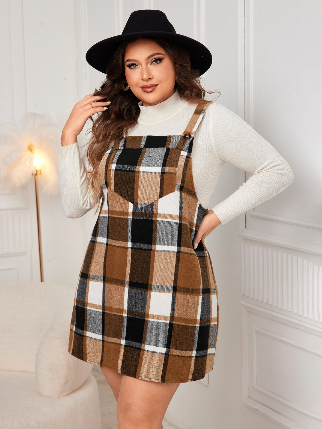 Stacey B's Plus Size Plaid Wide Strap Overall Dress