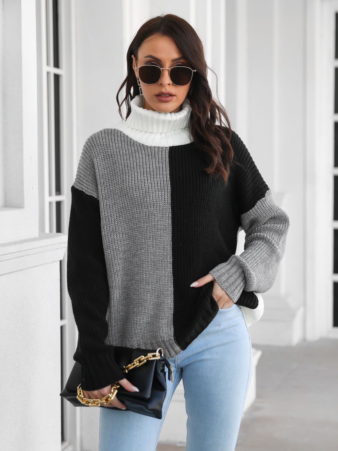 Stacey B's Contrast Turtleneck Long Sleeve Sweater