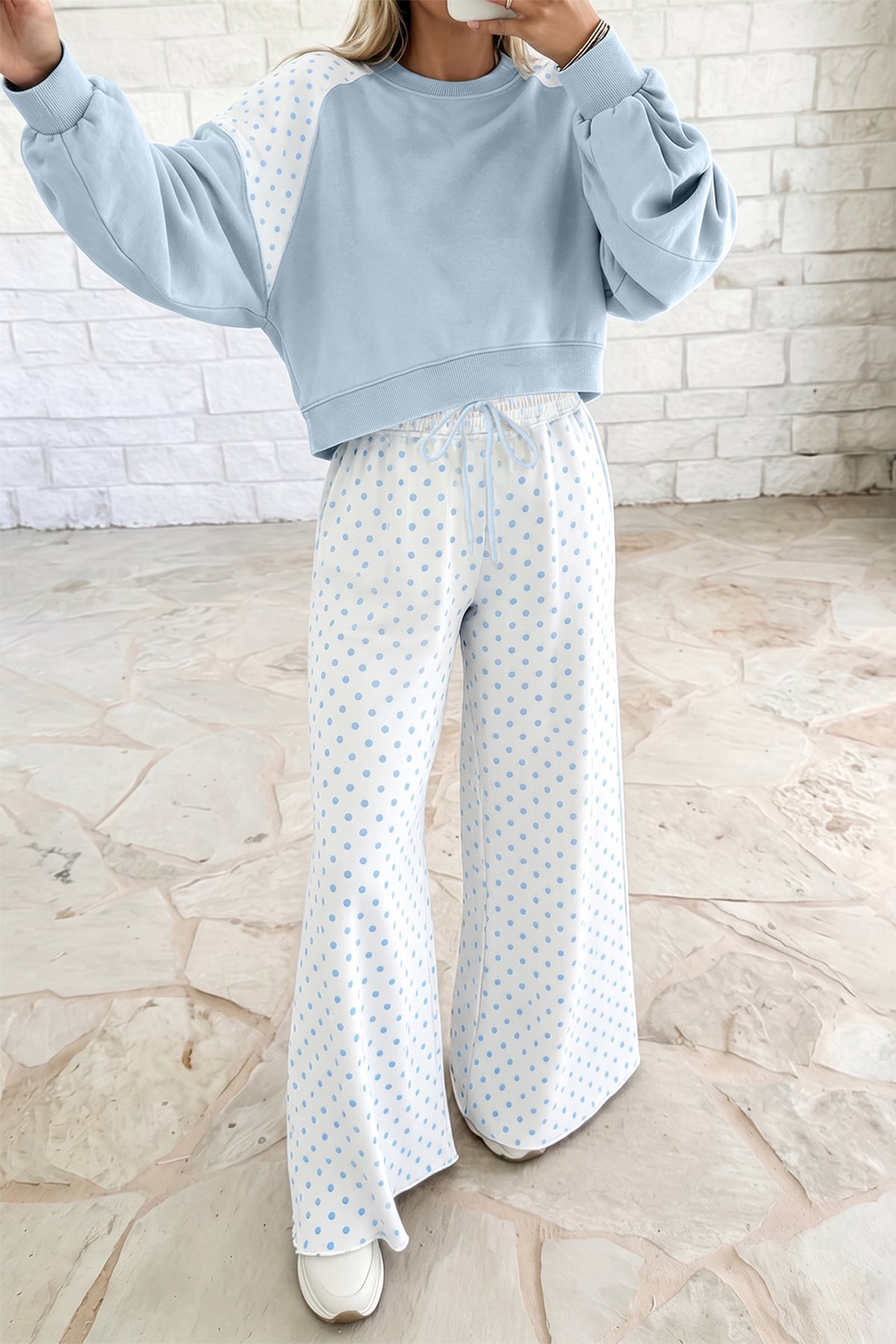 Stacey B's Green Polka Dot Patchwork Colorblock Long Sleeve Casual Two Piece Pants Set