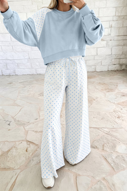 Stacey B's Green Polka Dot Patchwork Colorblock Long Sleeve Casual Two Piece Pants Set