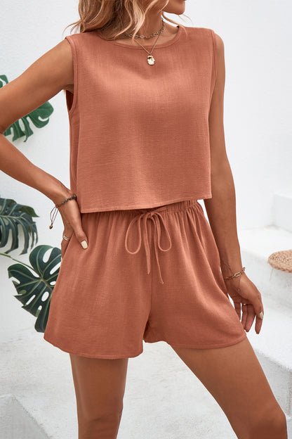 Stacey B's Round Neck Top and Drawstring Shorts Set