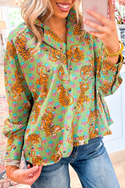 Stacey B's Green Tiger Floral Printed Collared V Neck Casual Shirt