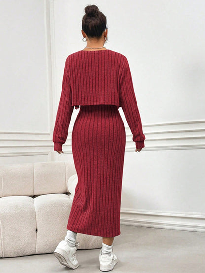 Stacey B's Ribbed Long Sleeve Cropped Cardigan and Slit Cami Dress Set