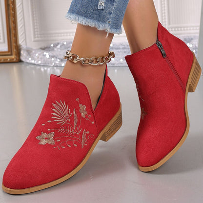 Stacey B's Embroidered Suede Point Toe Block Heel Boots