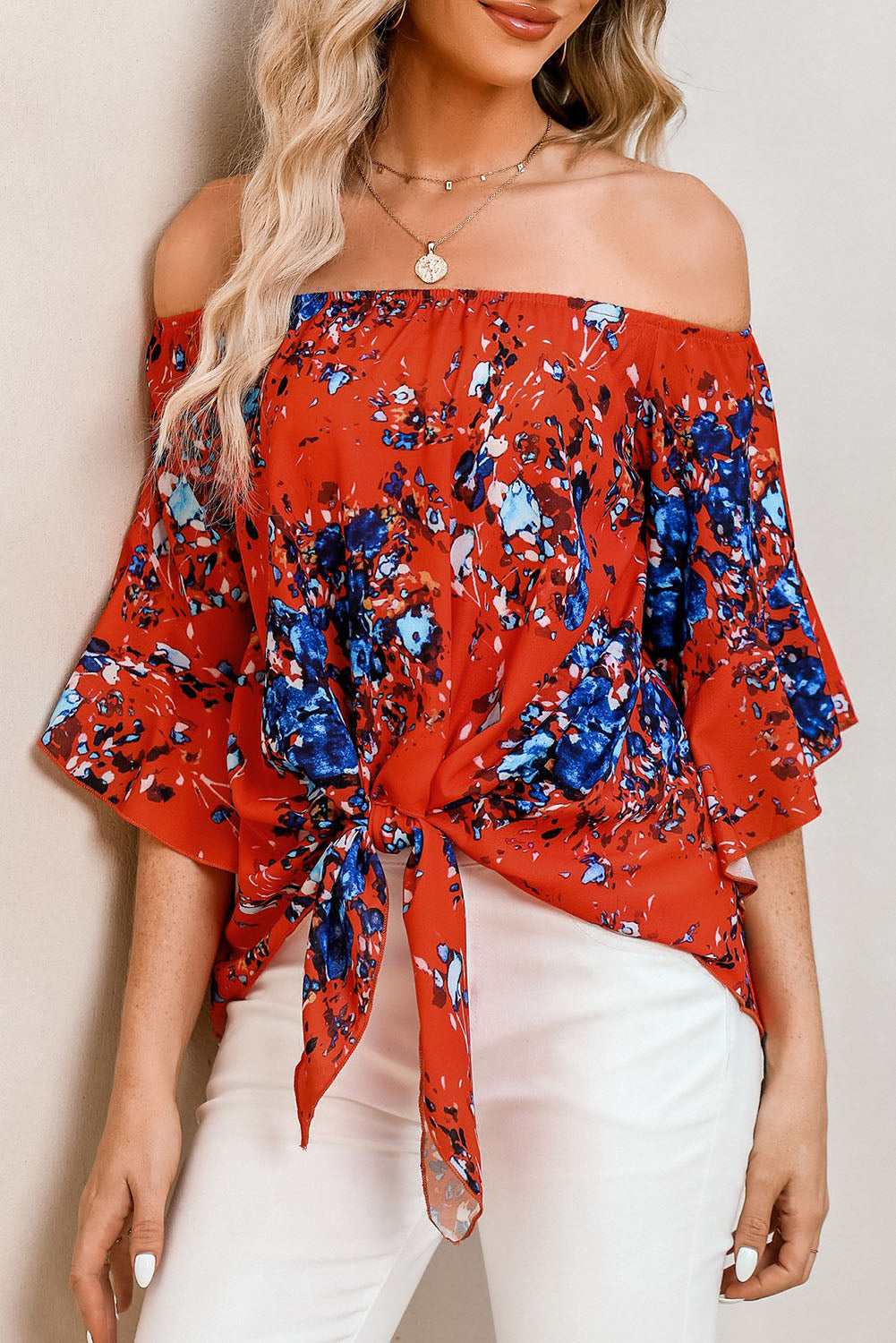 Stacey B's Tied Printed Off-Shoulder Half Sleeve Blouse