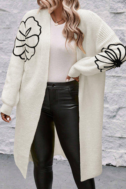 Stacey B's Beige Flower Embroidered Drop Shoulder Open Front Duster Cardigan