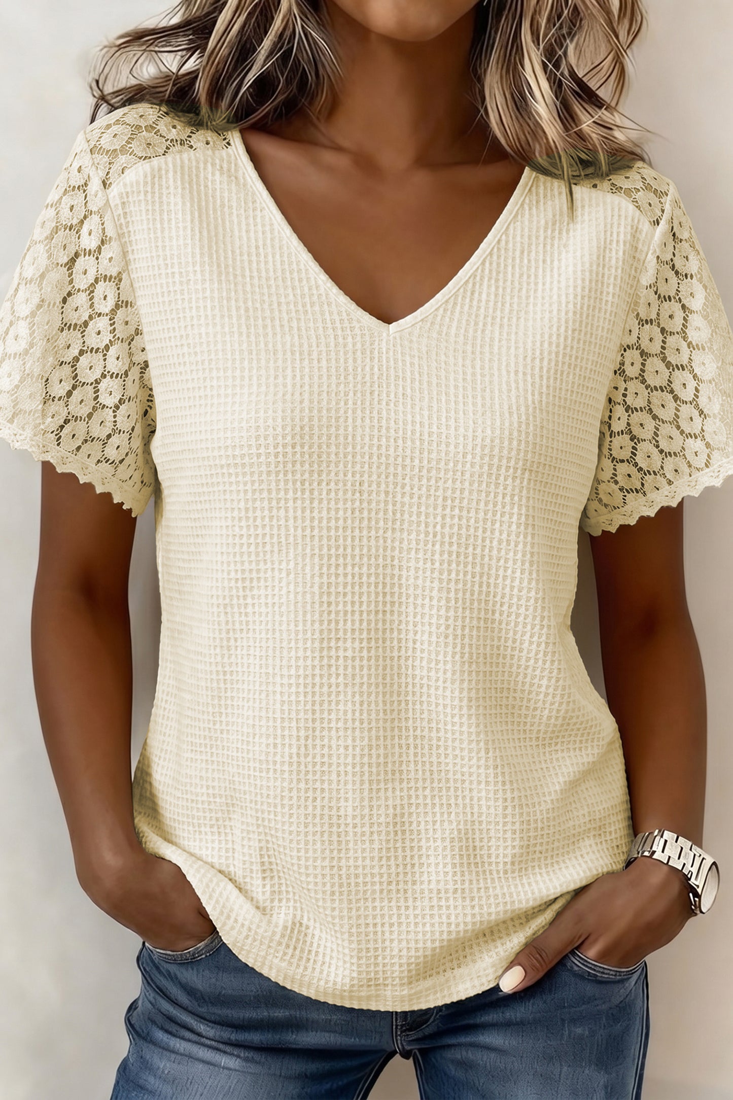 Stacey B's Pink Lace Splicing Button Cutout V Neck Waffle Knit Blouse