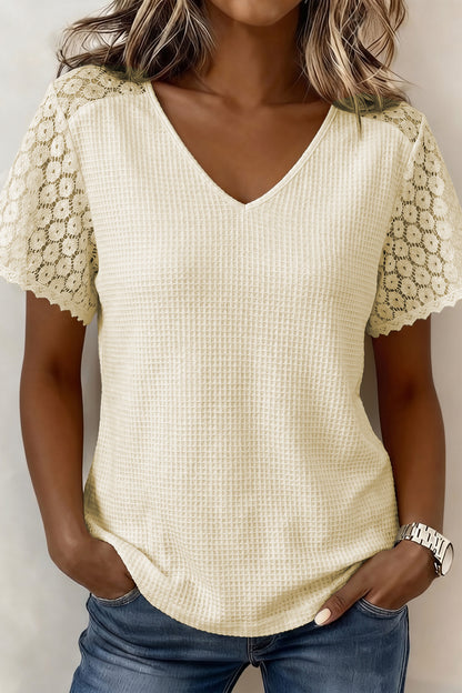 Stacey B's Pink Lace Splicing Button Cutout V Neck Waffle Knit Blouse