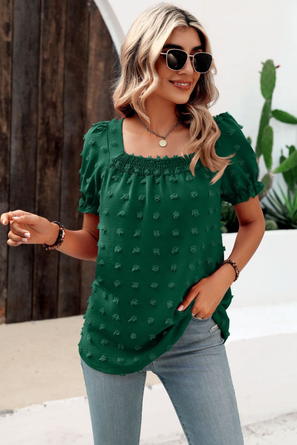 Stacey B's Swiss Dot Puff Sleeve Square Neck Blouse