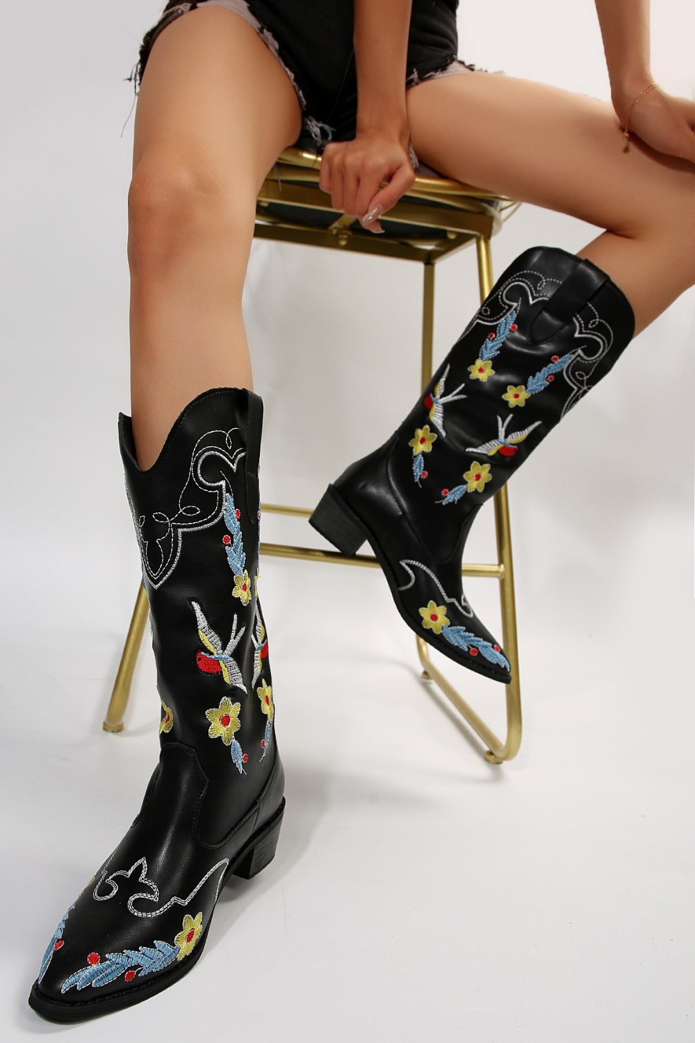 Stacey B's Embroidered Point Toe Block Heel Boots