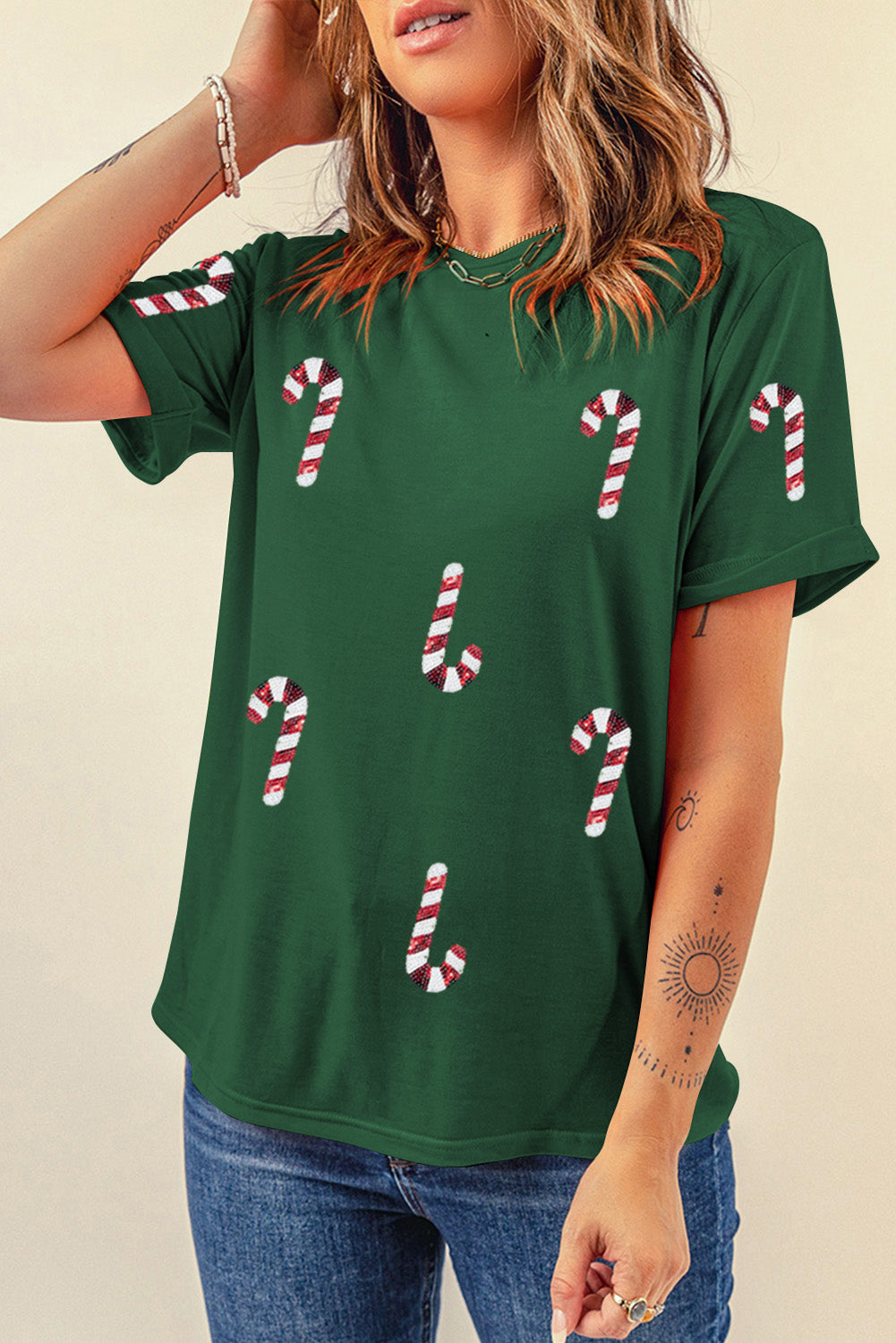 Stacey B's Green Christmas Candy Cane Graphic Casual T Shirt