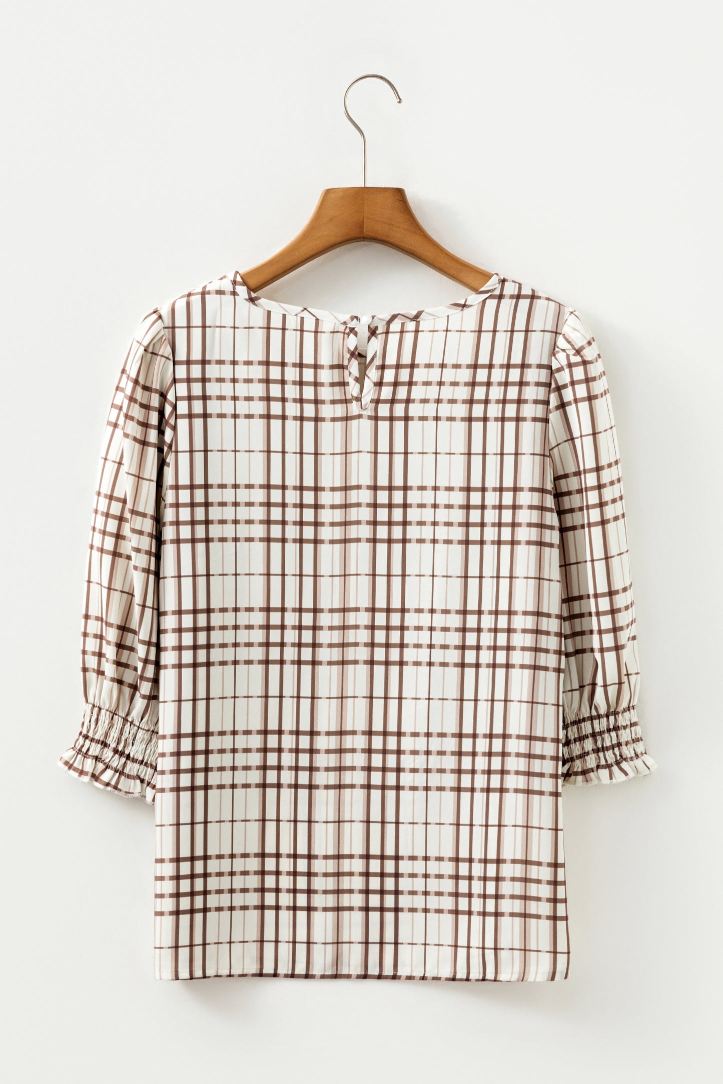 Stacey B's White Plaid Print Frilled Puffy Half Sleeve Blouse