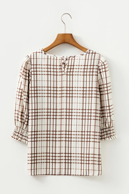 Stacey B's White Plaid Print Frilled Puffy Half Sleeve Blouse