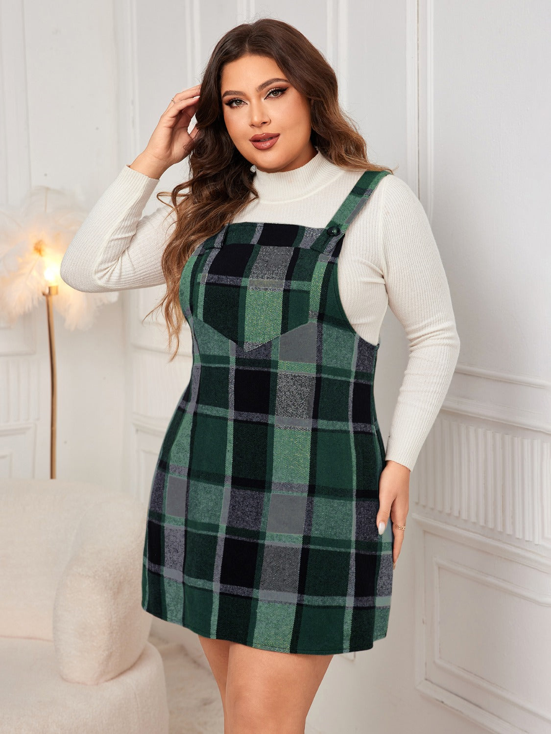 Stacey B's Plus Size Plaid Wide Strap Overall Dress