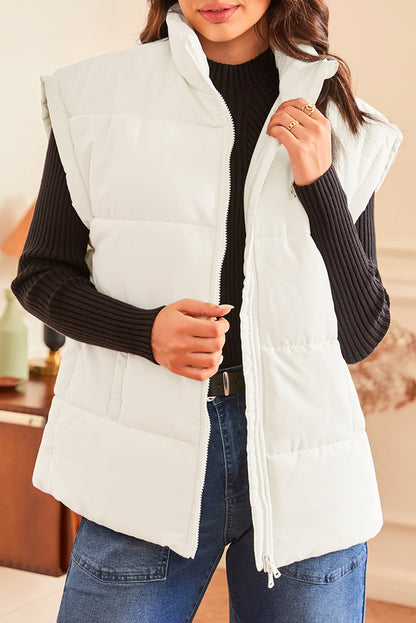 Stacey B's Beige Zipper Stand Neck Oversized Puffer Vest