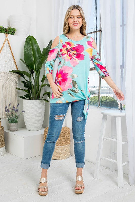 Stacey B's Plus Floral Print Cold Shoulder Top