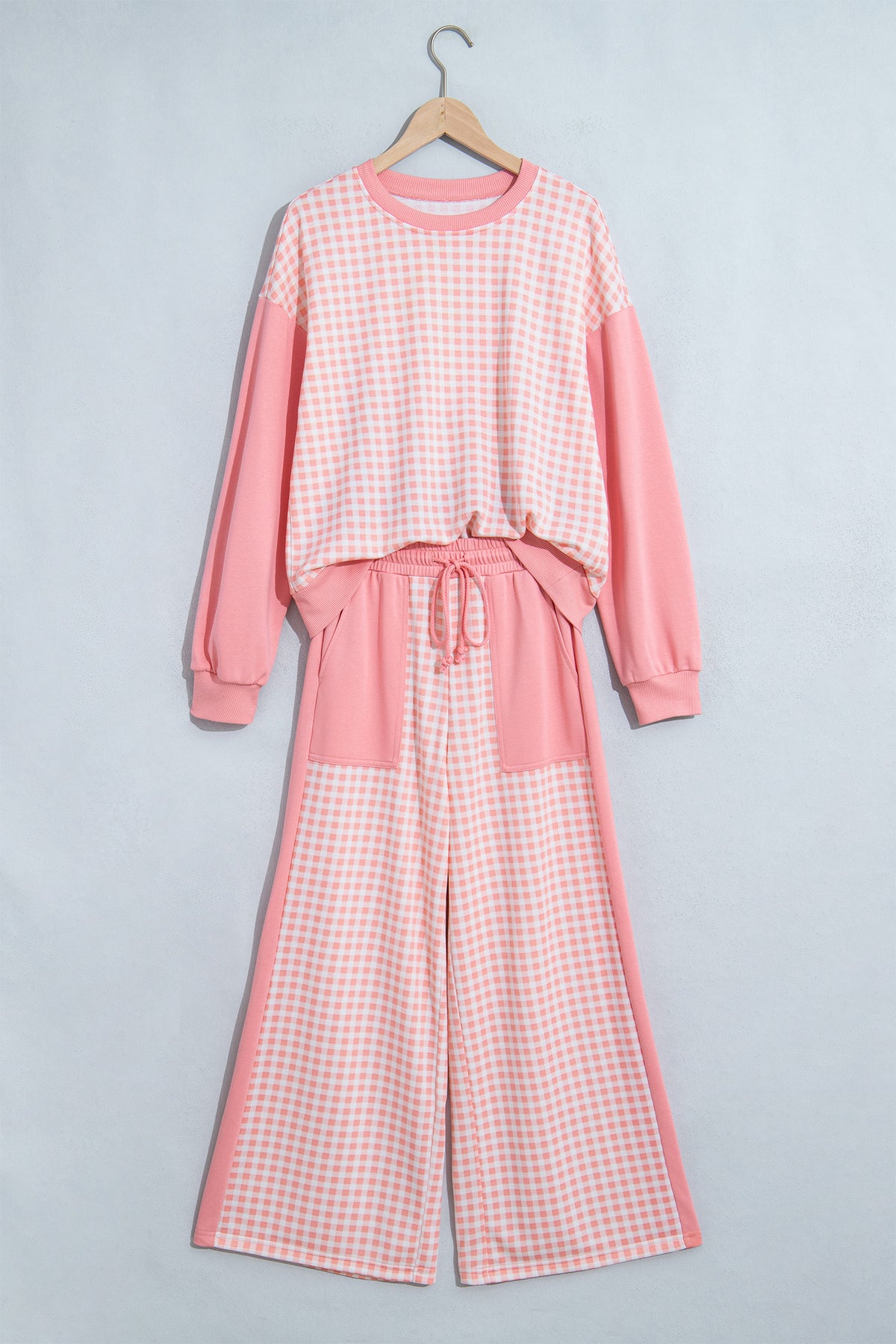 Stacey B's Brown Color Block Plaid Patchwork Long Sleeve Pullover Wide Leg Pant Set