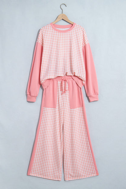 Stacey B's Brown Color Block Plaid Patchwork Long Sleeve Pullover Wide Leg Pant Set