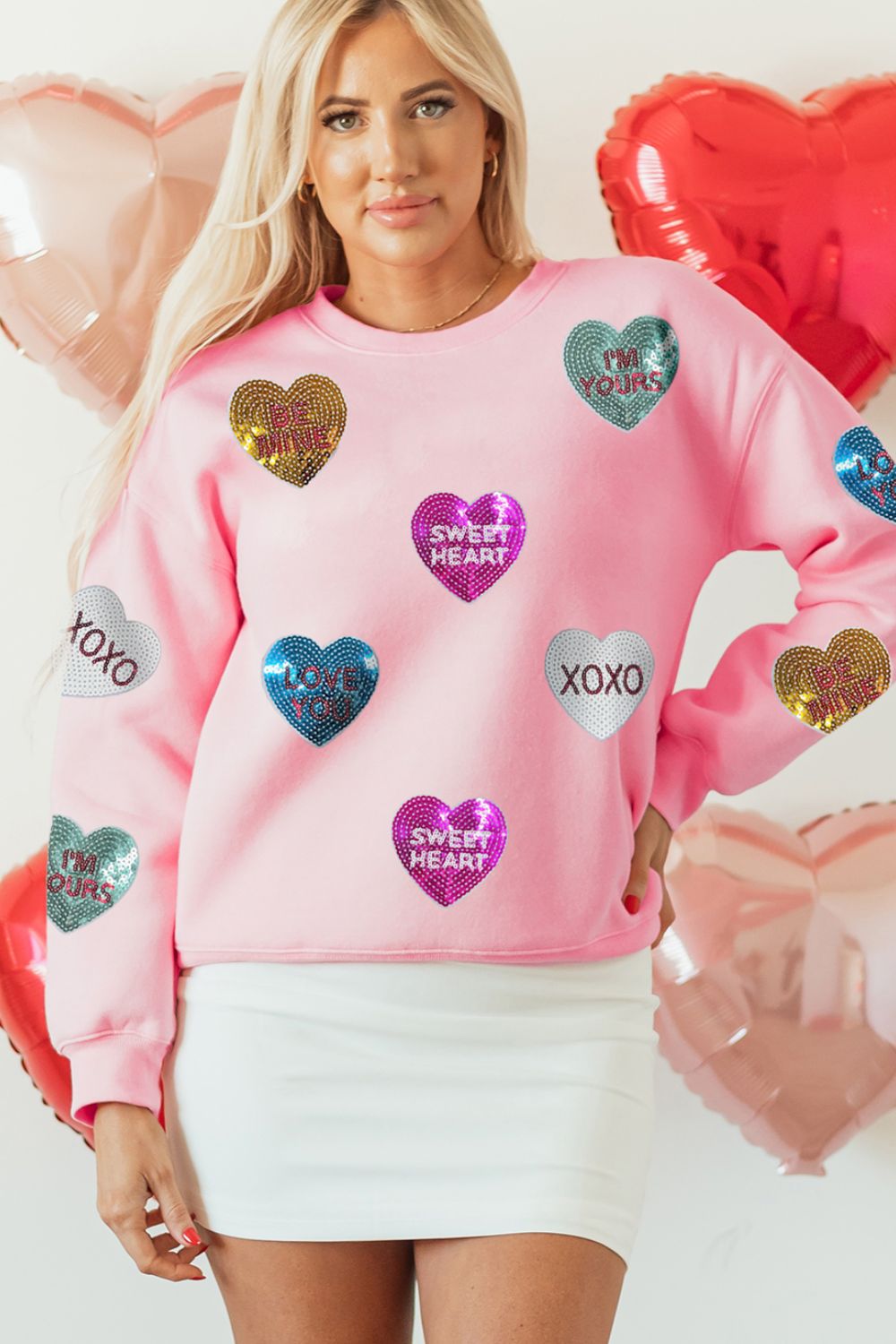 Stacey B's Valentine’s Day Sequin Heart Round Neck Long Sleeve Sweatshirt