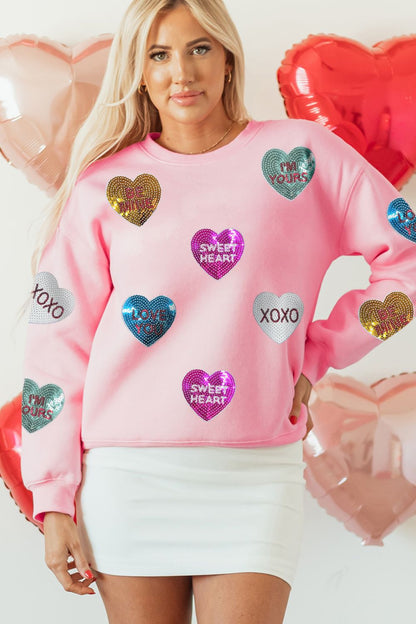 Stacey B's Valentine’s Day Sequin Heart Round Neck Long Sleeve Sweatshirt