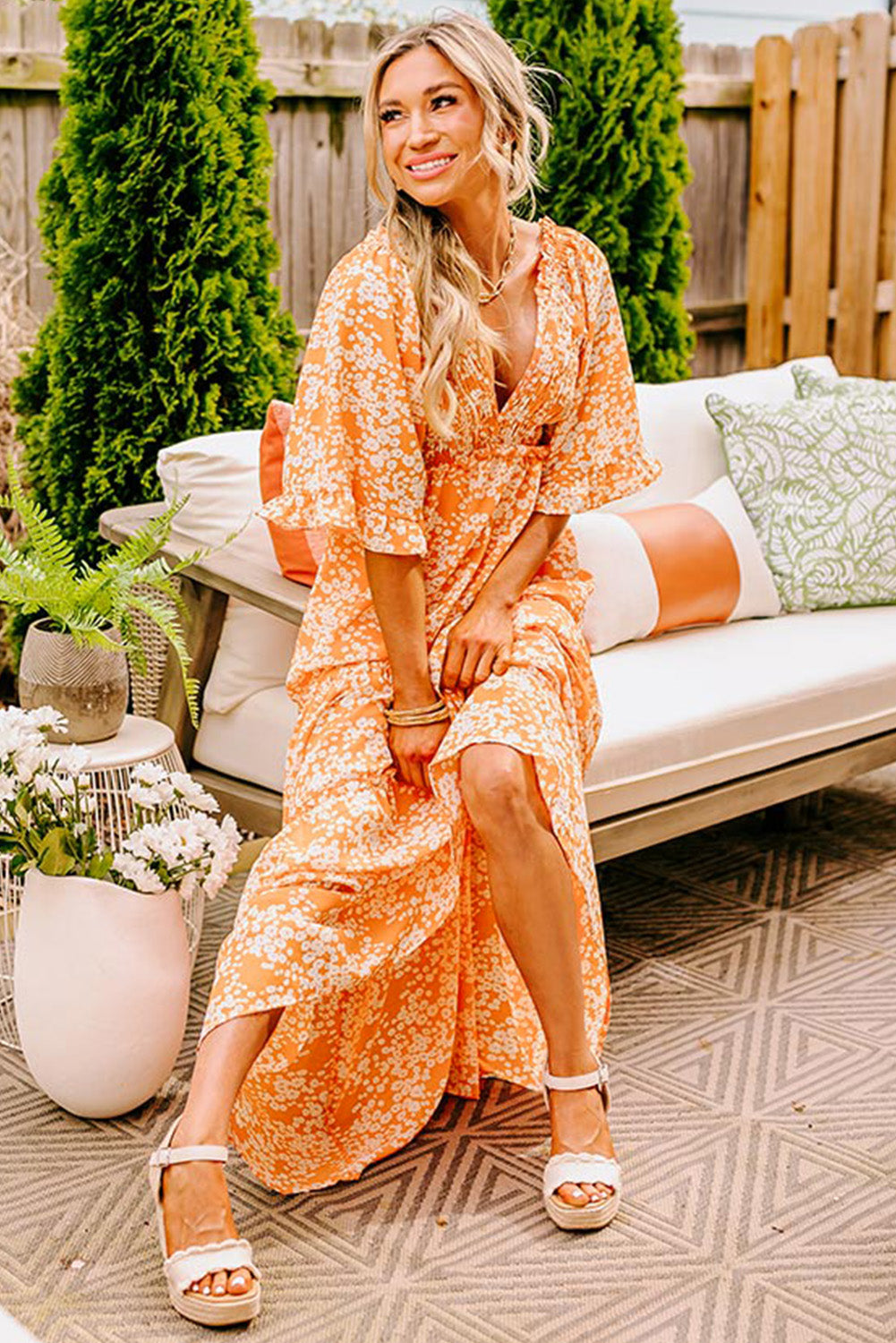 Stacey B's Orange Floral Print Smocked V Neck Wide Sleeve Maxi Dress