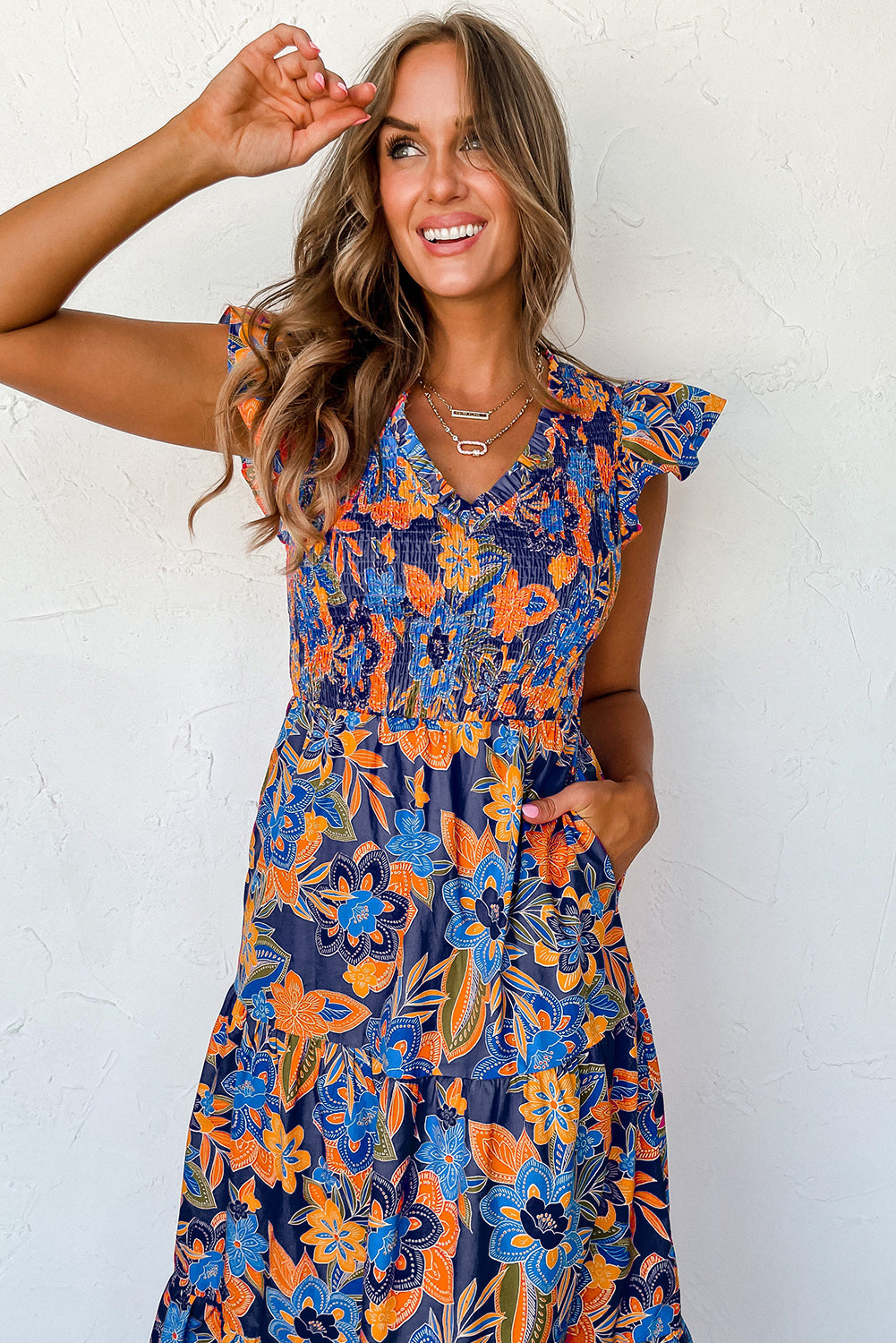 Stacey B's Dark Blue Boho Floral V Neck Ruffle Tiered Long Dress