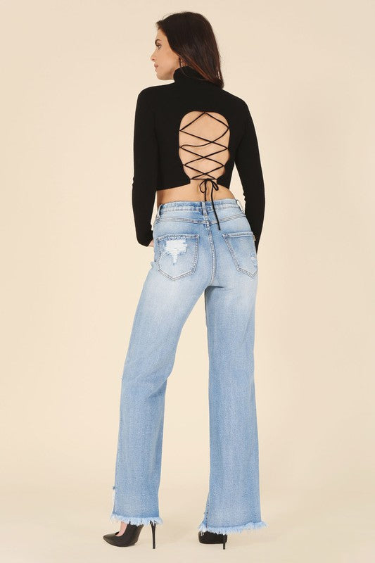 Stacey B's Mock neck lace-up open back top