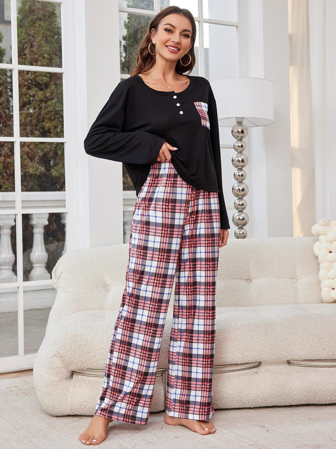 Stacey B's Round Neck Long Sleeve Top and Plaid Pants Lounge Set