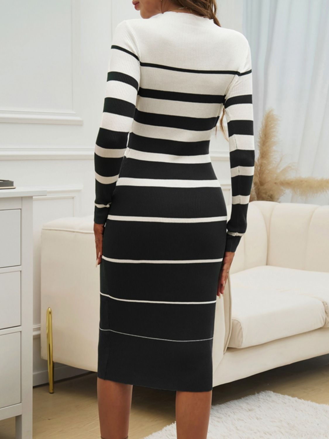 Stacey B's Color Block Round Neck Long Sleeve Midi Dress