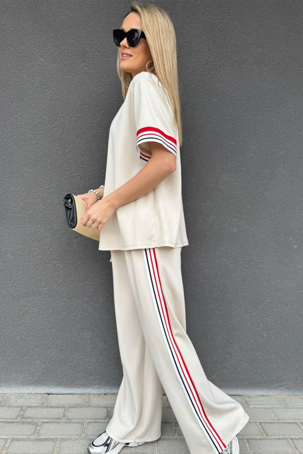 Stacey B's Jet Stream Contrast Striped Trim Crewneck T Shirt Loose Straight Pants Set