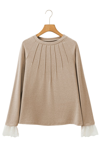 Stacey B's Parchment Seam Detail Lace Contrast Cuffs Raglan Sleeve Top