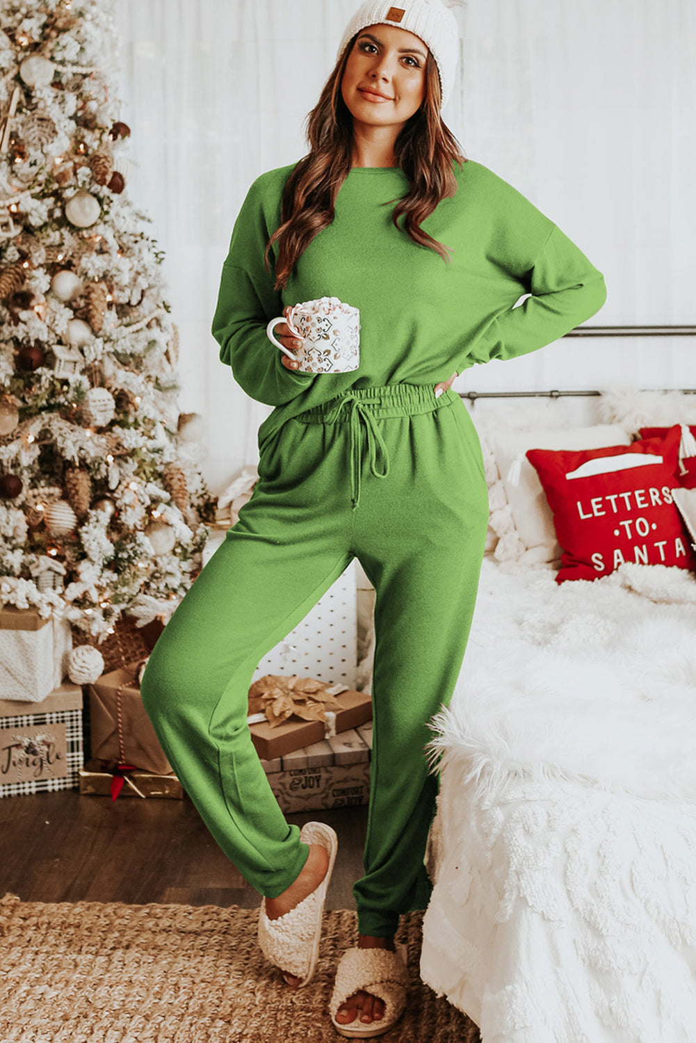 Stacey B's Spinach Green Long Sleeve Pullover and Jogger Pants Lounge Set