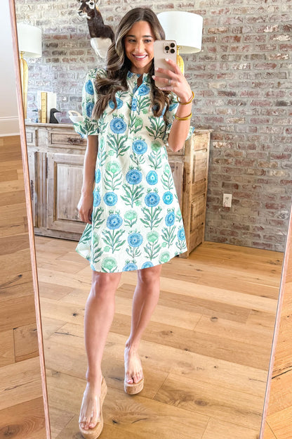 Stacey B's Sky Blue Floral Print Half Button Frilly Short Sleeve Dress