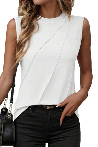 Stacey B's Black Solid Color Crew Neck Pleated Sleeveless Top