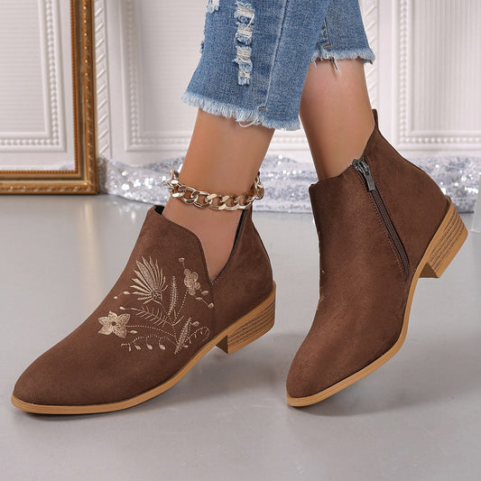 Stacey B's Embroidered Suede Point Toe Block Heel Boots