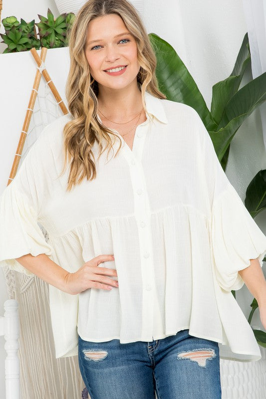 Stacey B's Plus Solid  Button Down Blouse