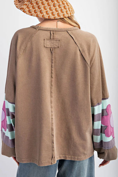 Stacey B's  Flower Round Neck Long Sleeve Blouse