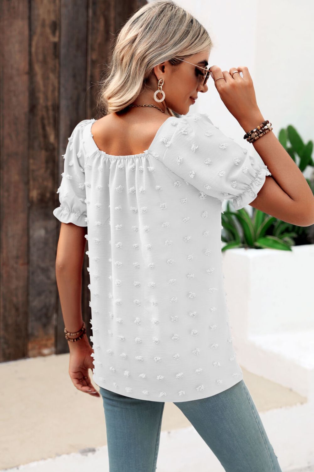 Stacey B's Swiss Dot Puff Sleeve Square Neck Blouse