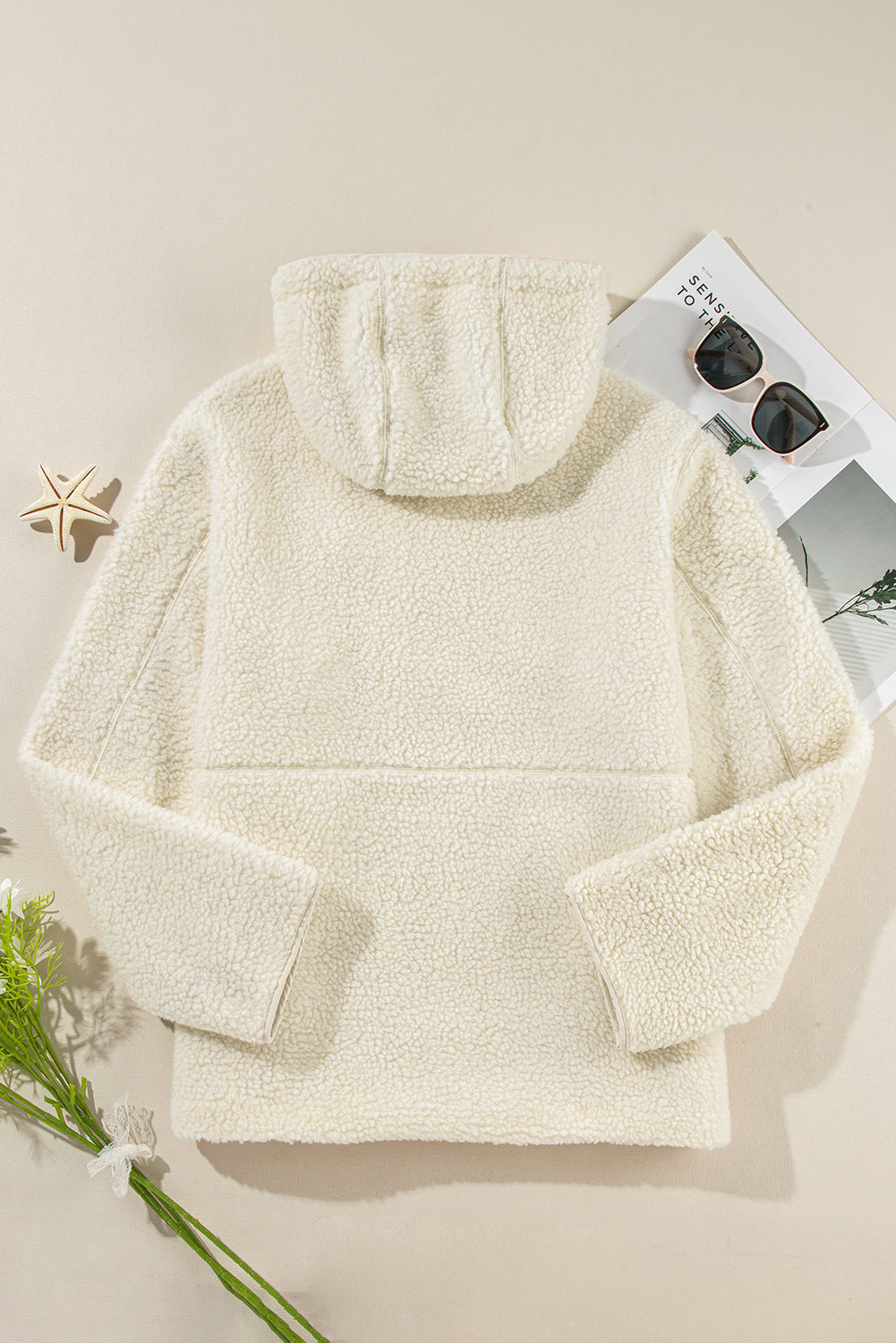 Stacey B's Beige Fleece Zip Up Drawstring Hooded Pocketed Jacket