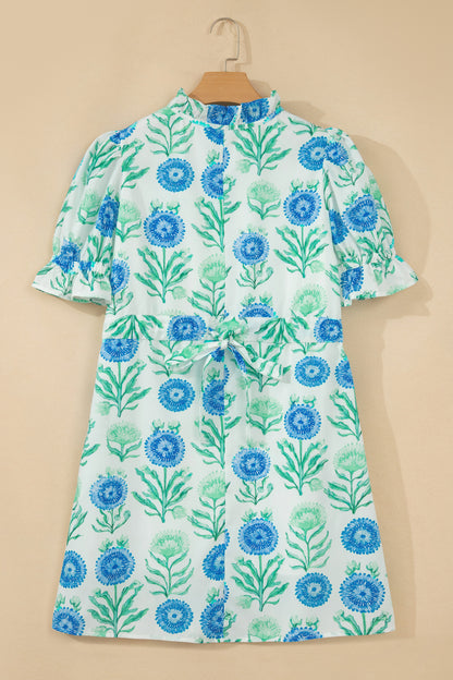 Stacey B's Sky Blue Floral Print Half Button Frilly Short Sleeve Dress