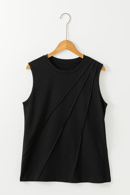 Stacey B's Black Solid Color Crew Neck Pleated Sleeveless Top