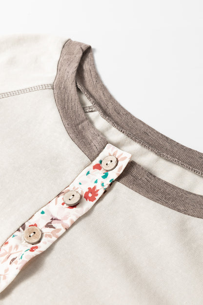 Stacey B's Goat Colorblock Floral Patchwork Flared Sleeve Buttons Henley Top