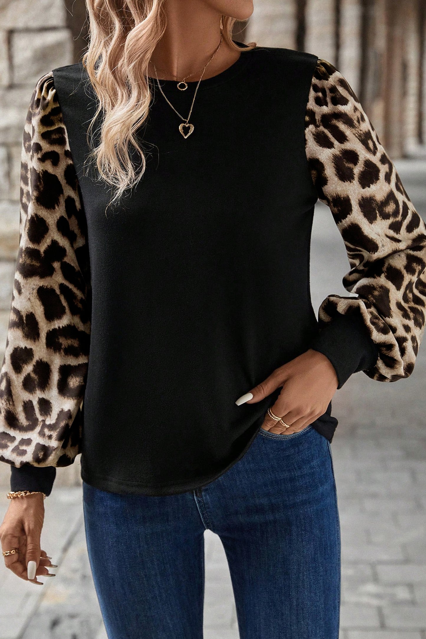 Stacey B's Khaki Leopard Puff Sleeve Patchwork Top