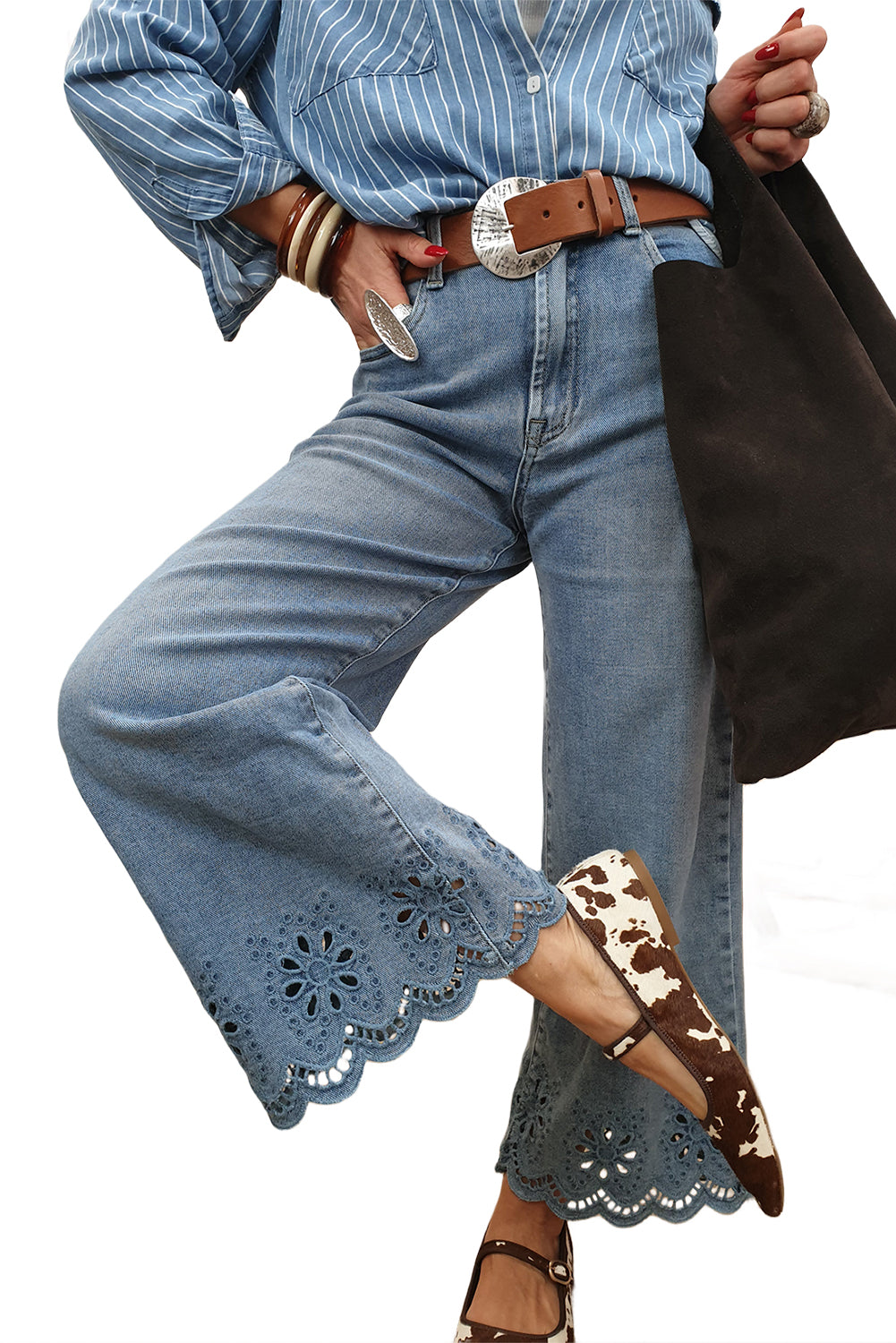 Stacey B's Dusk Blue Embroidered Cropped Wide Leg High Waist Jeans