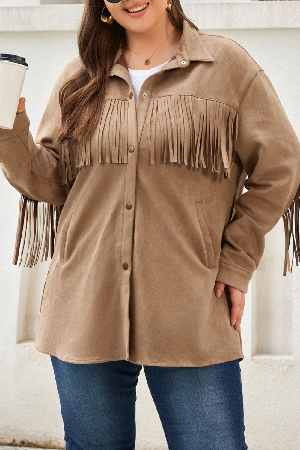 Stacey B's Khaki Fringe Trim Plus Size Suede Shacket