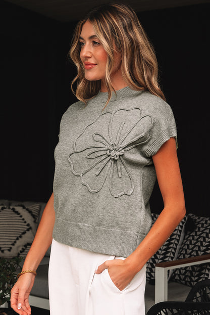 Stacey B's High Flower Pattern Ribbed Trim Short Sleeve Boxy Sweater
