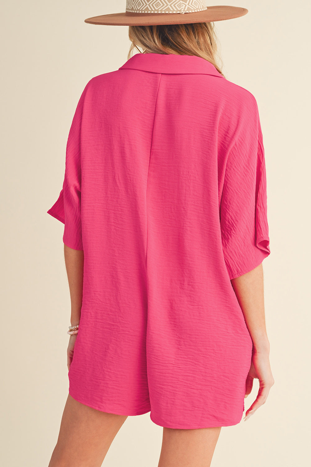 Stacey B's Bright Pink Plain Half Button Collared Pocket Loose Romper