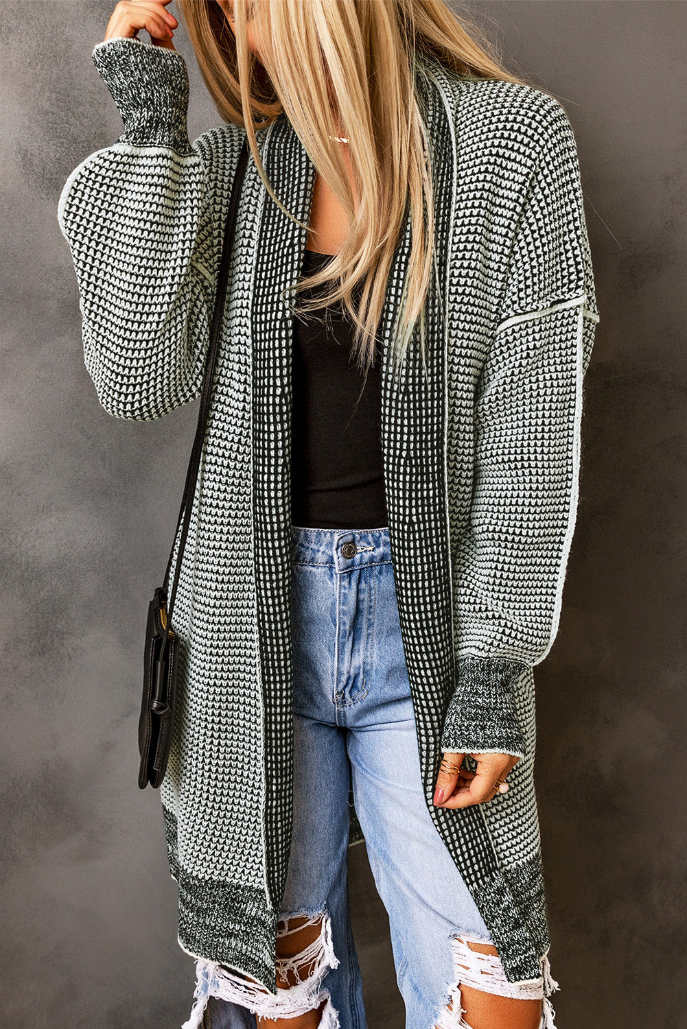 Stacey B's Gray Plaid Knitted Long Open Front Cardigan